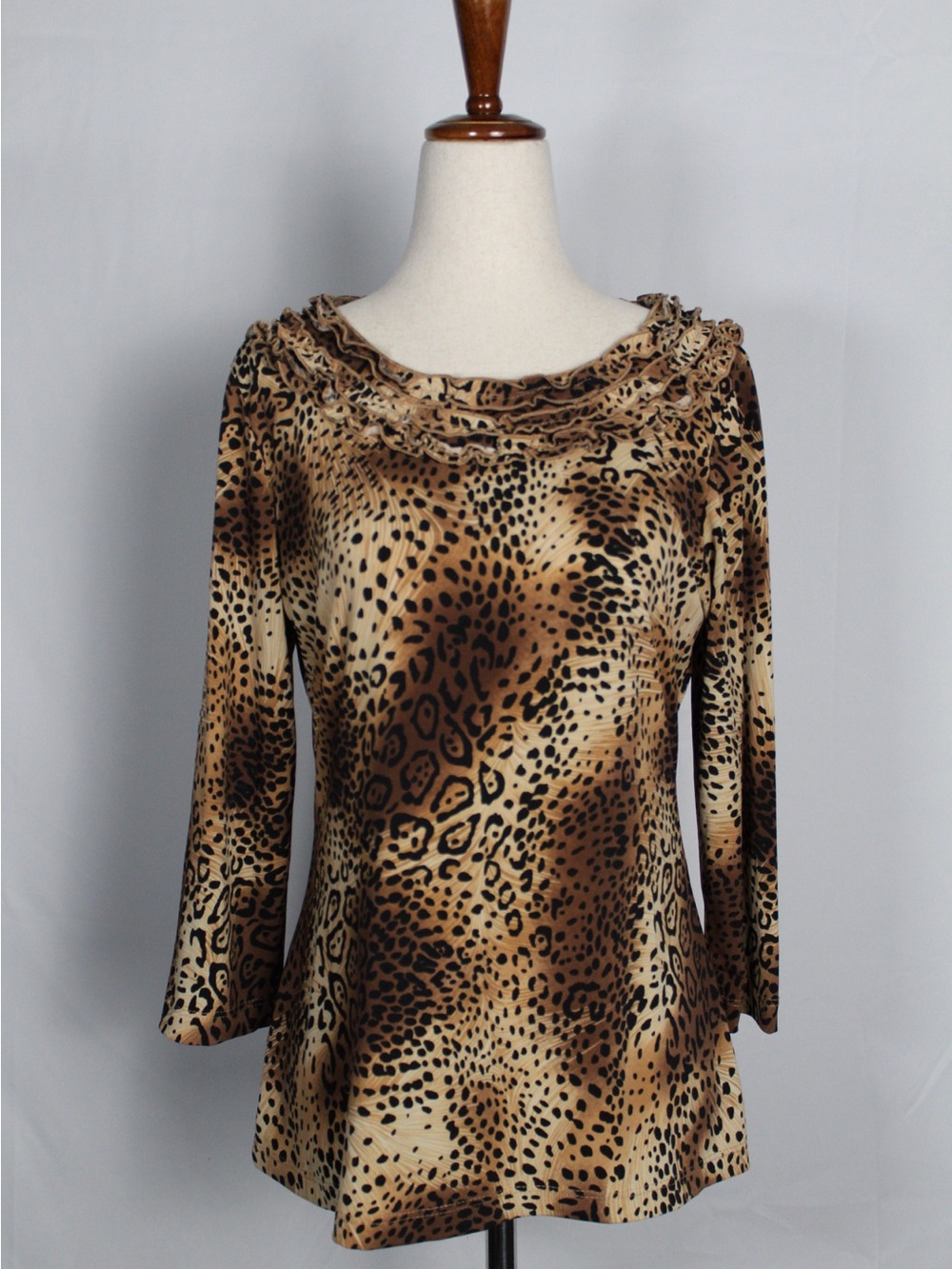 vintage 90s Kim Rogers Petite Brown Leopard-Print Ruffle-Neck Long Sleeve Top